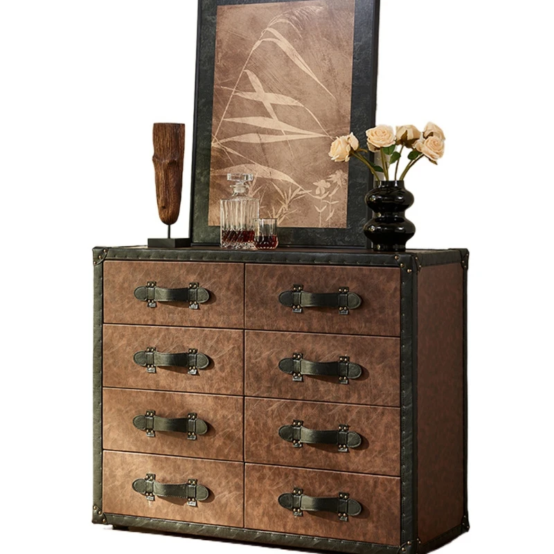 

Комод в американском ретро-стиле с кожаными ящиками, шкаф для хранения из кожи с масляно-восковым покрытием