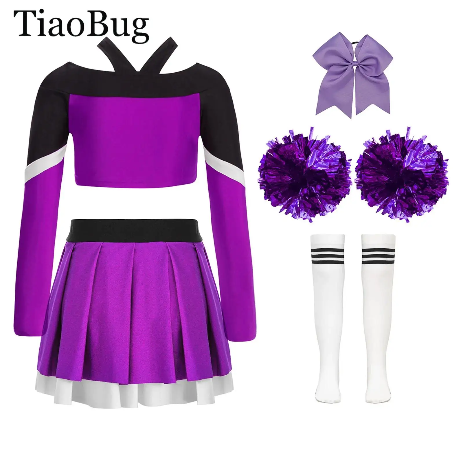 

Girls Cheerleader Uniforms Cheerleading Costume Long Sleeve Letter Print Crop Top +Pleated Skirt School Performance Dancewear