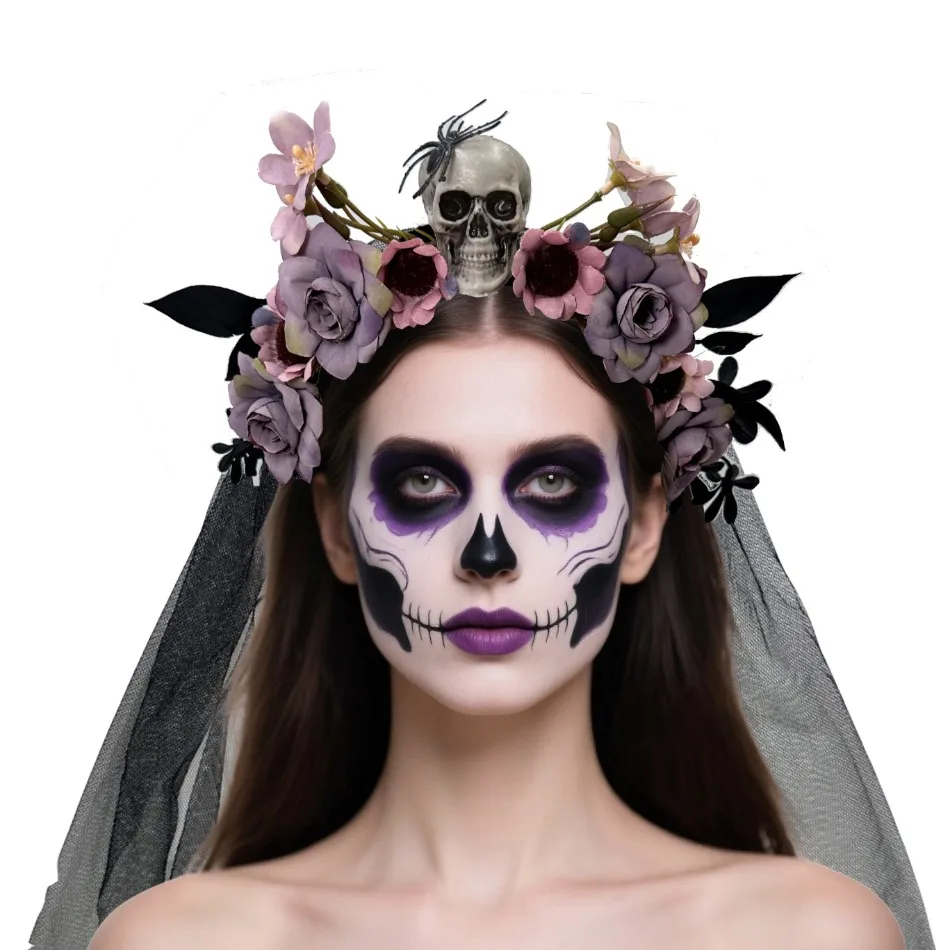 6pcs Girls Halloween Creative Veil Headband Holiday Party Personality Dress Up Ghost Bride Flowers Skull Mesh Headgear Female