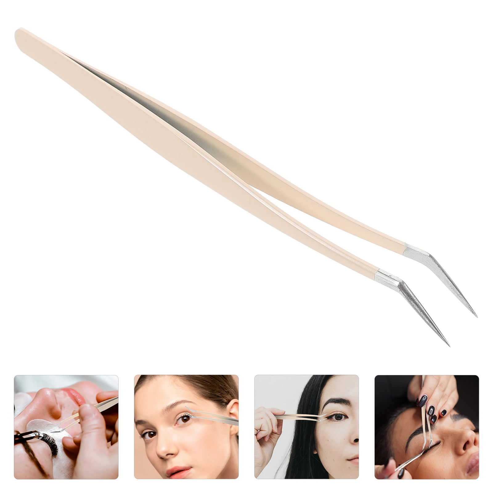 False Eyelash Tweezers Beige Stainless Steel Professional Travel Precision Grasp Curved Design Multifunctional Beauty Tool