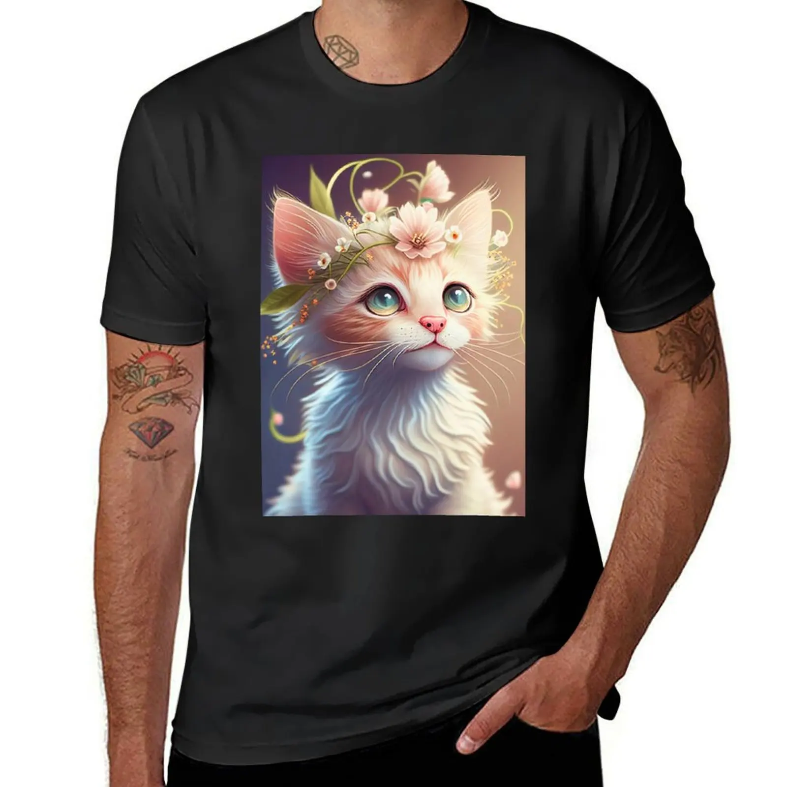 Adorable Kitten With Flowers on the Head T-Shirt customs design your own vintage summer tops plain black t shirts men