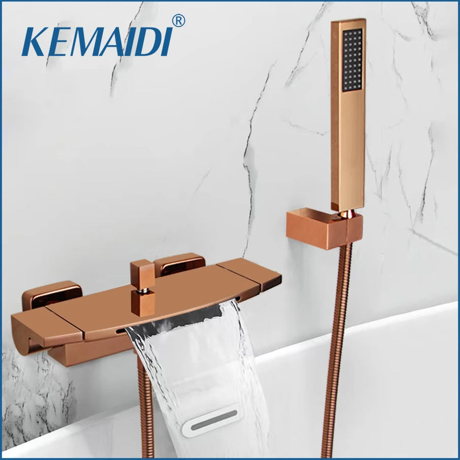 

KEMAIDI Rose Golden Bathroom Bathtub Shower Faucet Waterfall Spout Hot and Cold Water Mixer Tap Wall Mounted Tub Tap