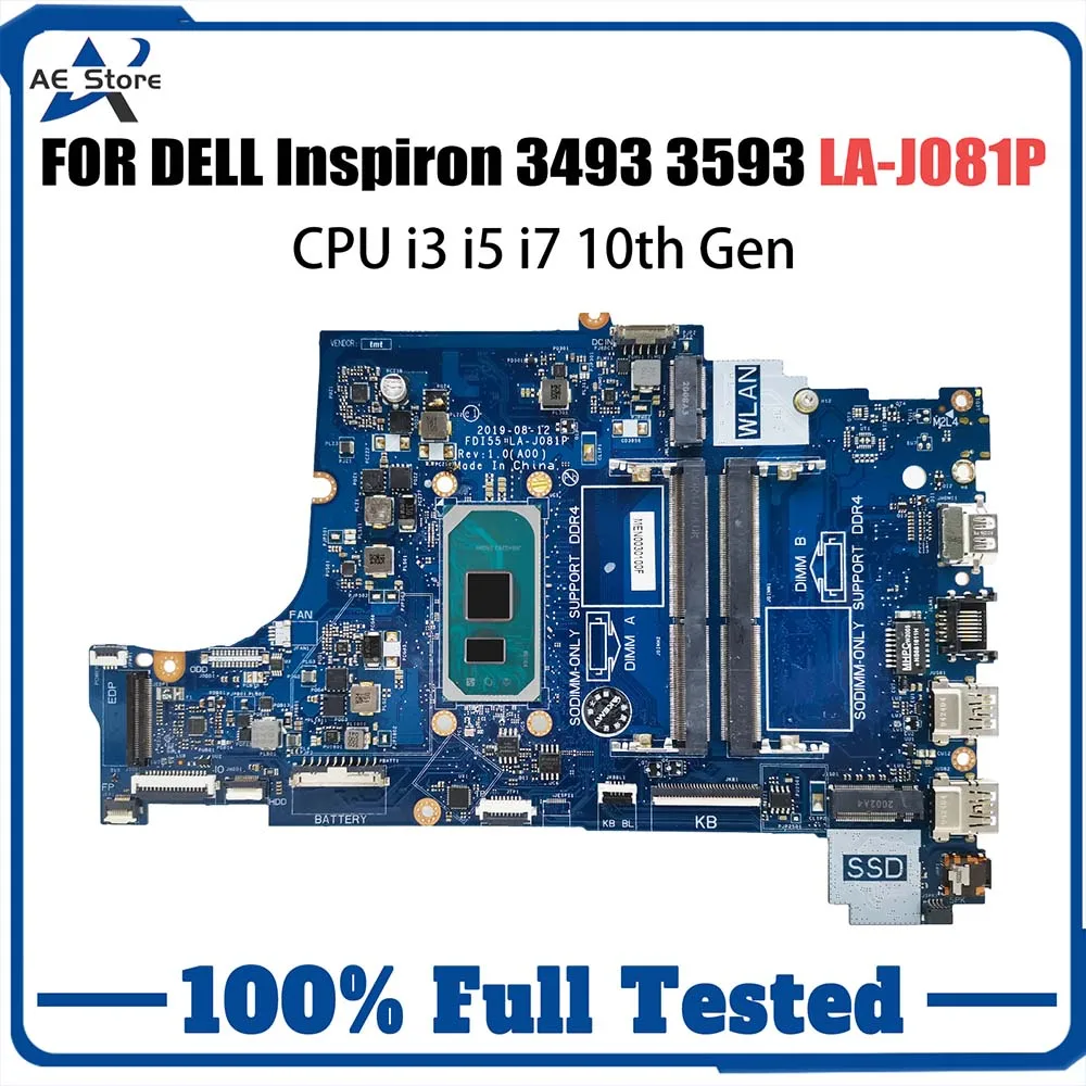 FDI55 LA-J081P For Dell 3493 3593 559 5770 Notebook Mainboard i3-1005G1 i5 i7-1065G7 CPU 052X6W 004C38 Laptop Motherboard