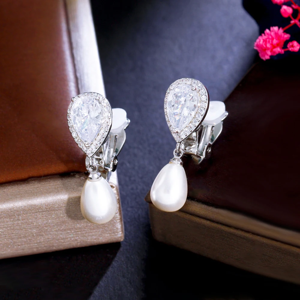 BeaQueen Chic Water Drop Pearl Clip On Earrings Ear Piercing Jewelry No Hole Women White CZ Silver Plated Banque  Jewellery E577