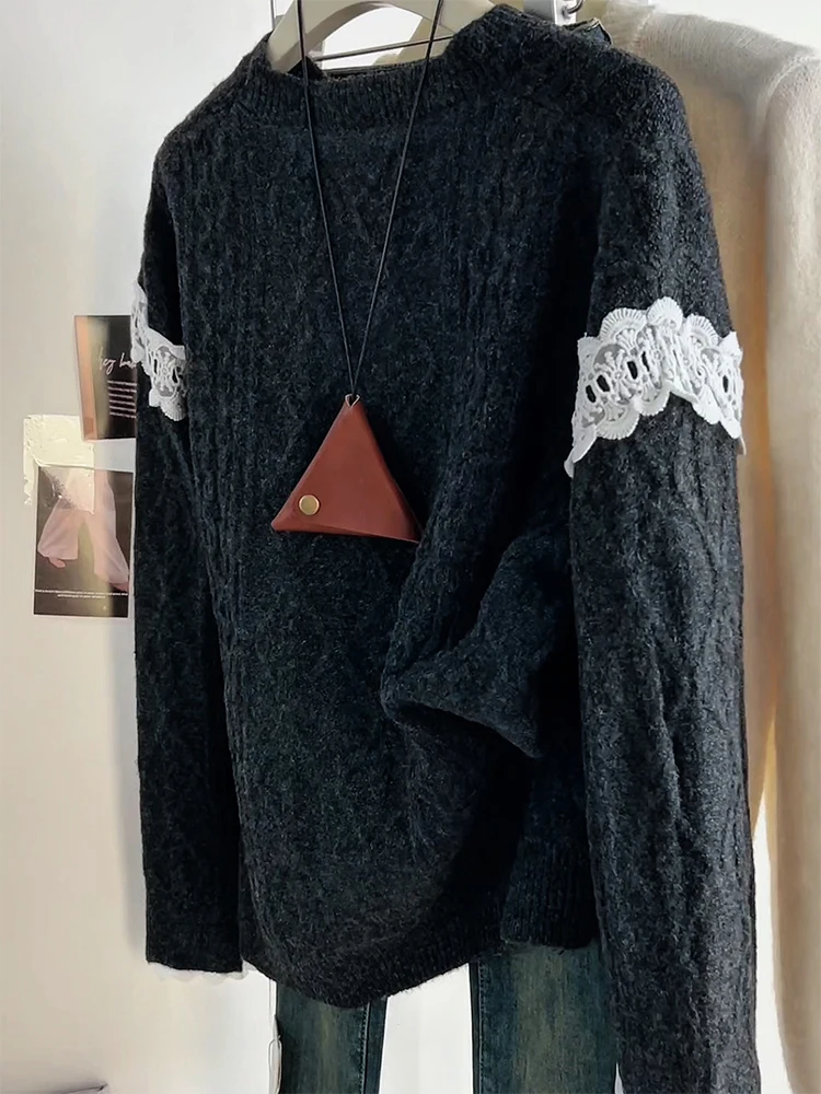 

Корейский свитер с кружевными вставками и круглым вырезом, большие размеры, универсальный, омолаживающий эффект, для женщин, зимняя новинка