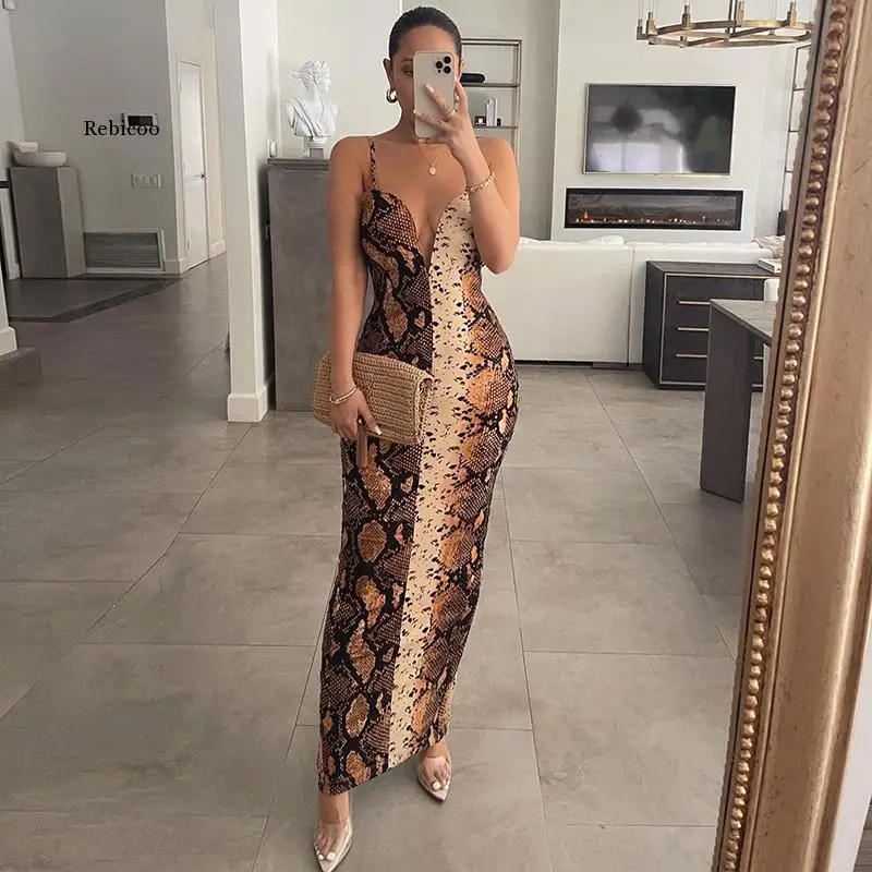 

Snake Print V Neck Sleeveless Backless Patchwork Slit Maxi Dress Sexy Bodycon Summer Streetwear Party Club Wear