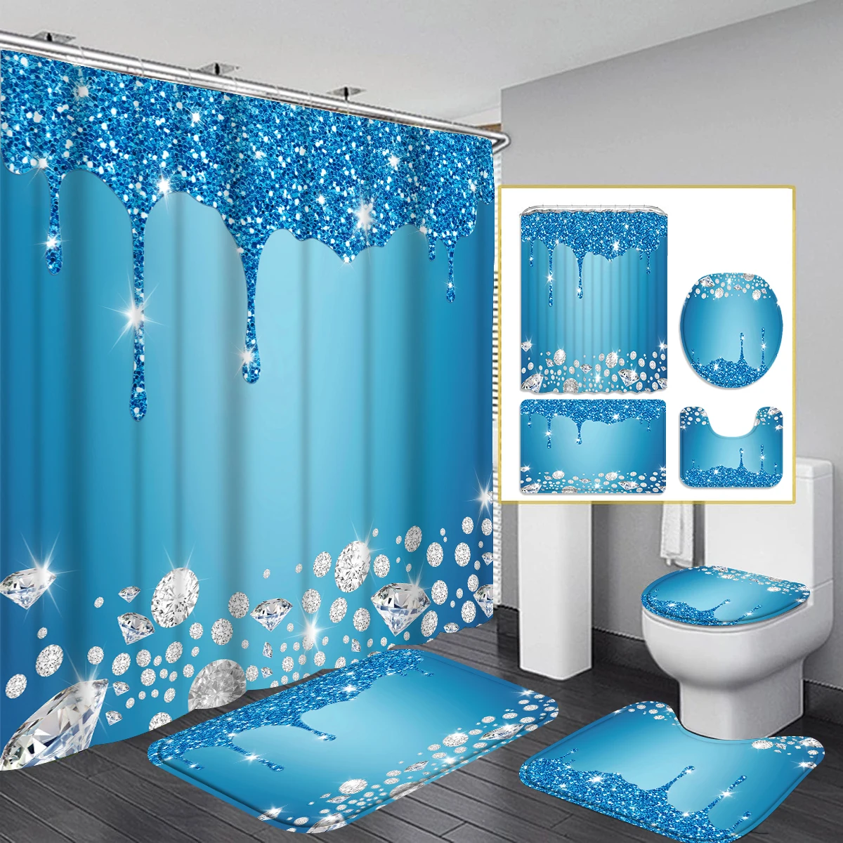 1/4 Piece Shower Curtain Set, Waterproof Bathroom Partition Curtain with Hooks, Anti-Slip Bath Rug, U Shape Mat, Toilet Seat Cov