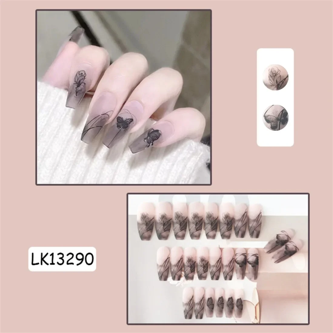 24Pcs Artificial Acrylic Nail Art Fake Nails Long Coffin Removable Press On Nails Black Grey Gradient Butterfly Flower Nail Tips