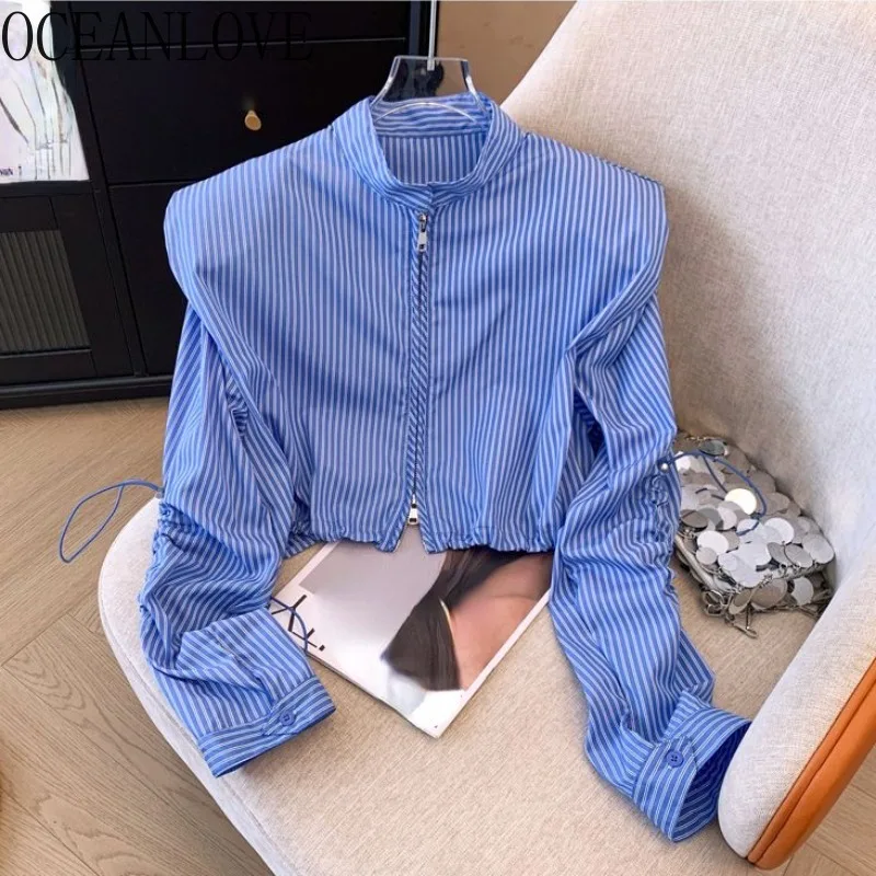 OCEANLOVE Zipper Stripes Women Shirts&blouses Spring Autumn Korean Fashion Blusas Mujer Elegant Simple Drawstring Camisas