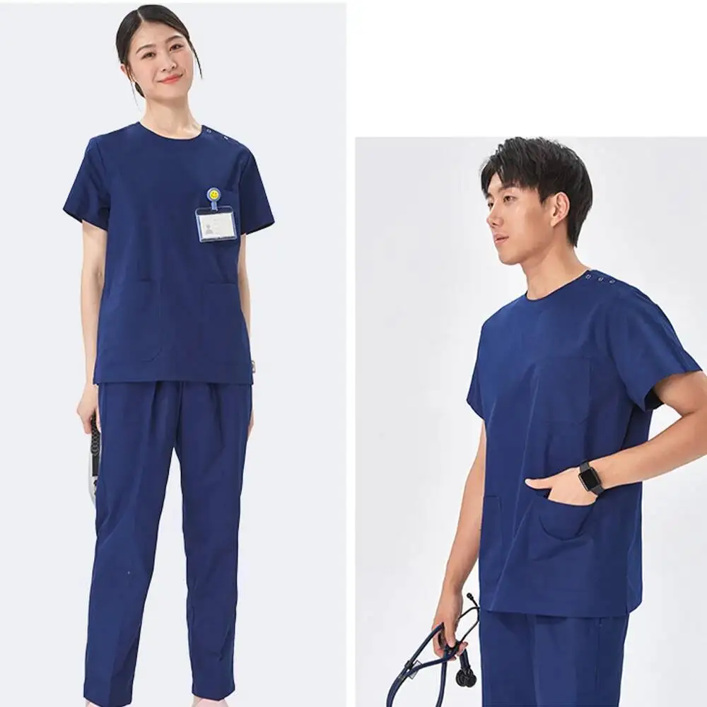 Women Men Scrubs Medical Uniforms Shoulder Snap Hospital Staff Workwear Pet Clinic Nursing Suits Dental Surgical Vet Outfit