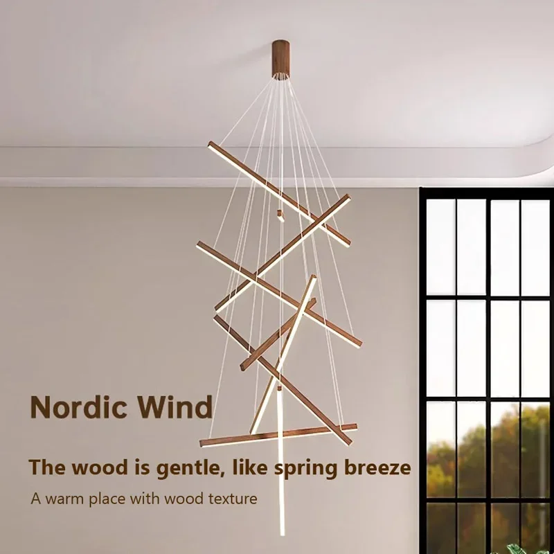 Modern  Wood Grain Pendant lamp  LED Line Light Chandelier duplex building room decor highrise Living  long line
