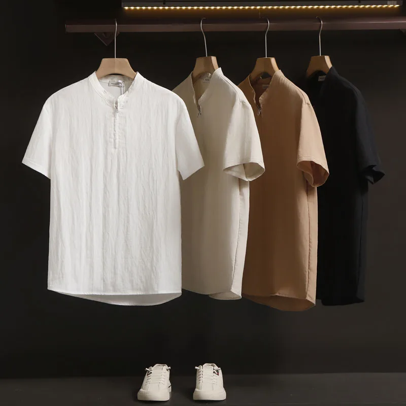 

Men's Summer Lightweight Casual irt Henry Collar ort Sve Breathable Micro Pleated Lenzing Blend Stand Fit Color