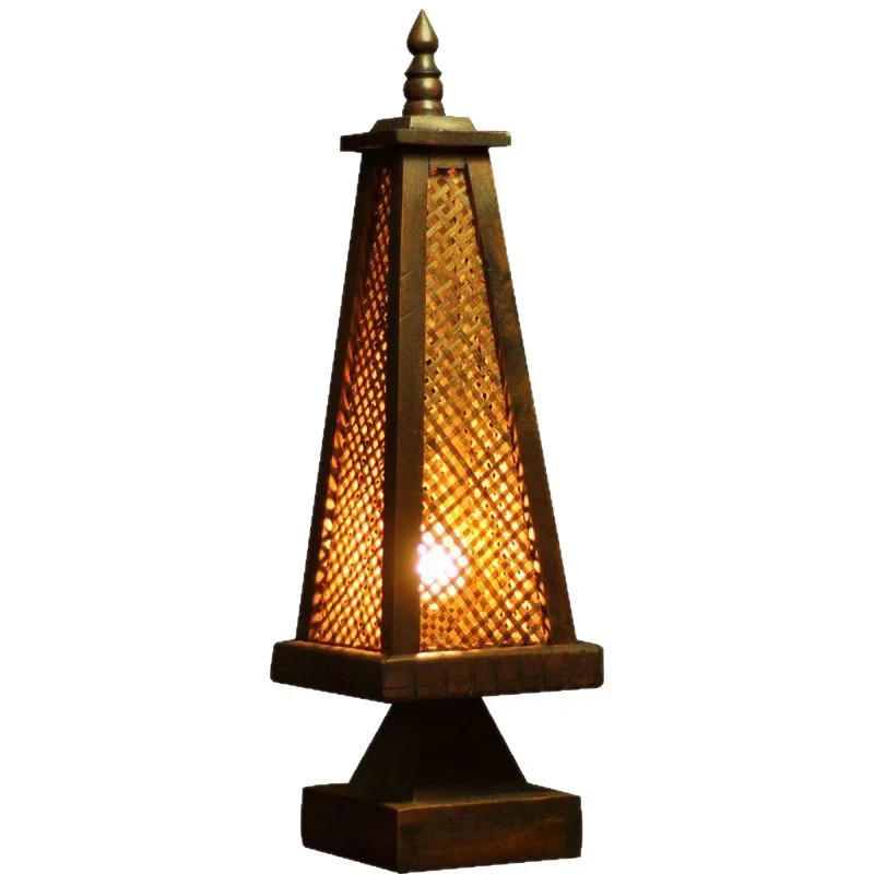 

Solid wood bamboo woven new Chinese decorative desk lamp retro wood warm bedroom bedside lamp