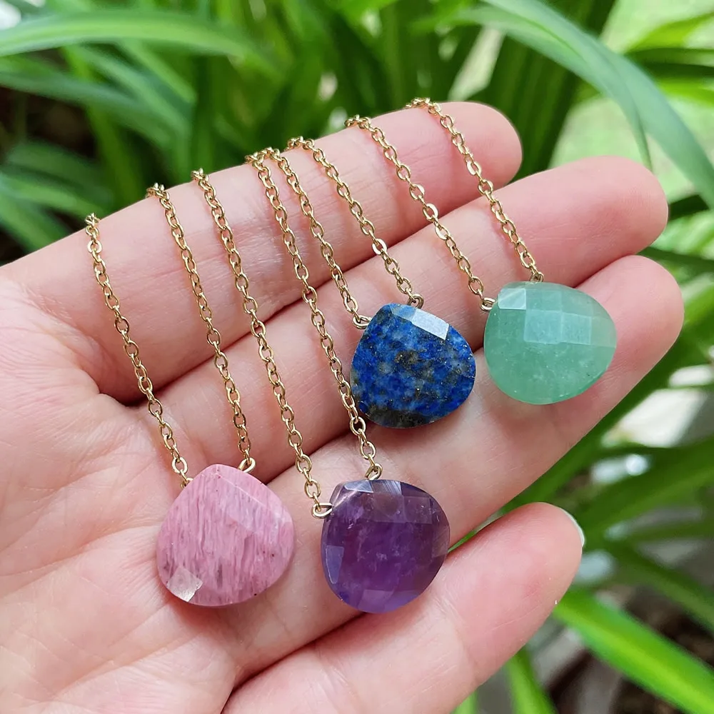 Korean Natural Crystal Pendant Necklace for Women Triangle Water Drop Real Amethysts Roses Quartz Steel Chain Crystal Necklace