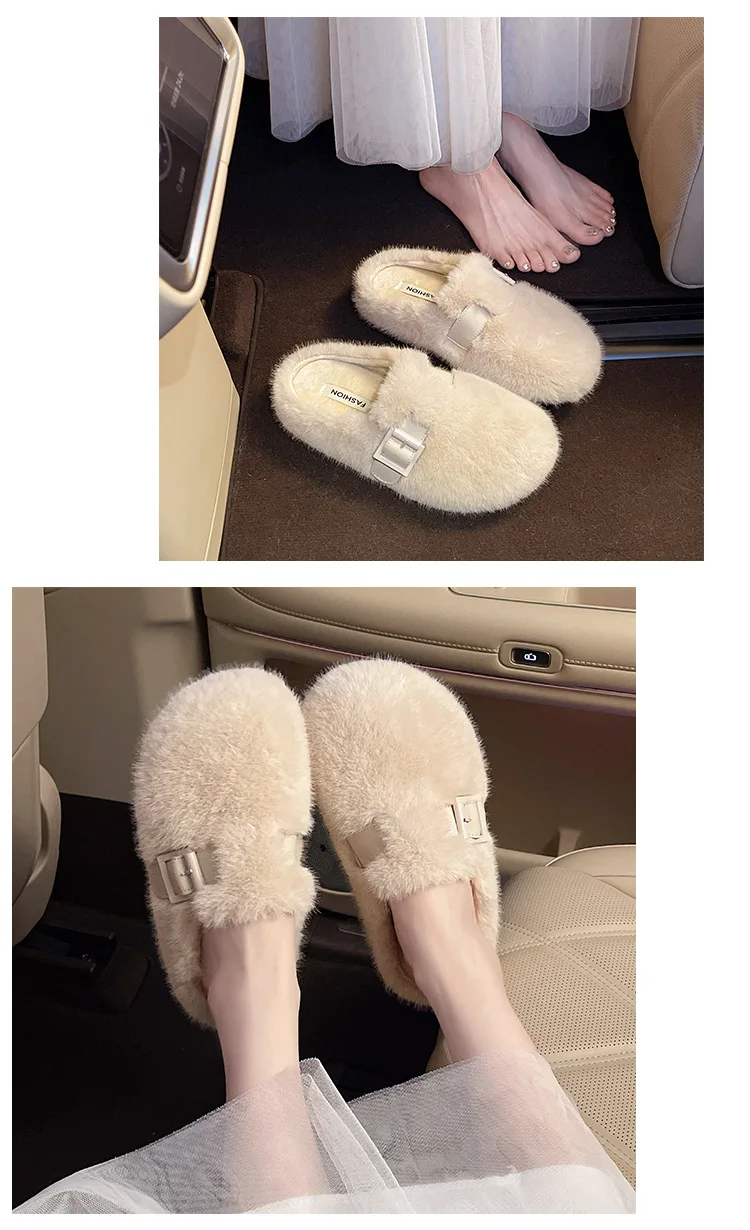 Weiche Teddyfell-Mule-Clogs für Damen, warme Plüsch-Slides für den Winter, flauschige Boken-Schuhe im Markendesign – Detail 15