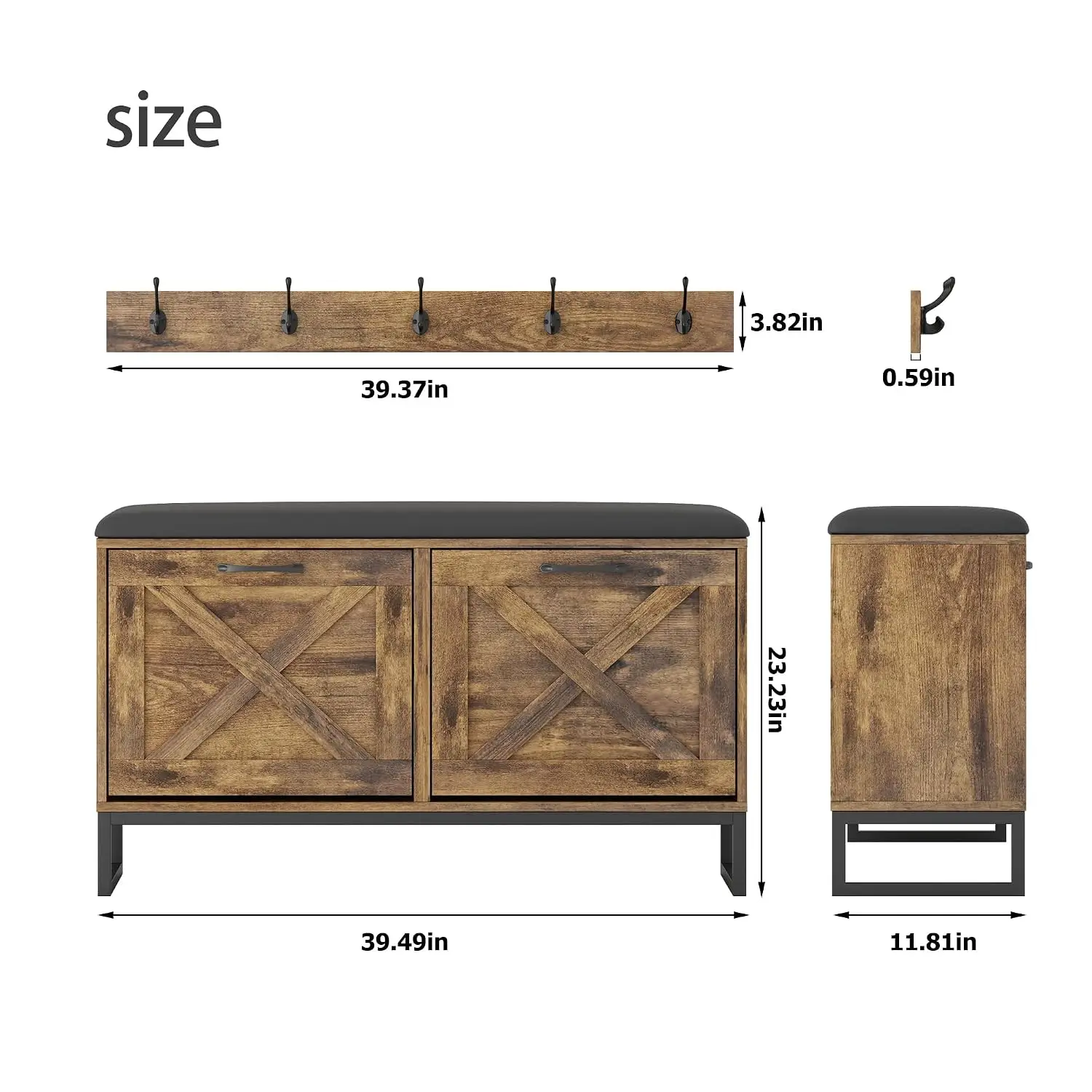 Shoe Cabinet with 2 Flip Drawers & Coat Rack, Storage Bench with Cushion for Entryway, 5 Metal Hooks, Locking Wall Parts, Rustic
