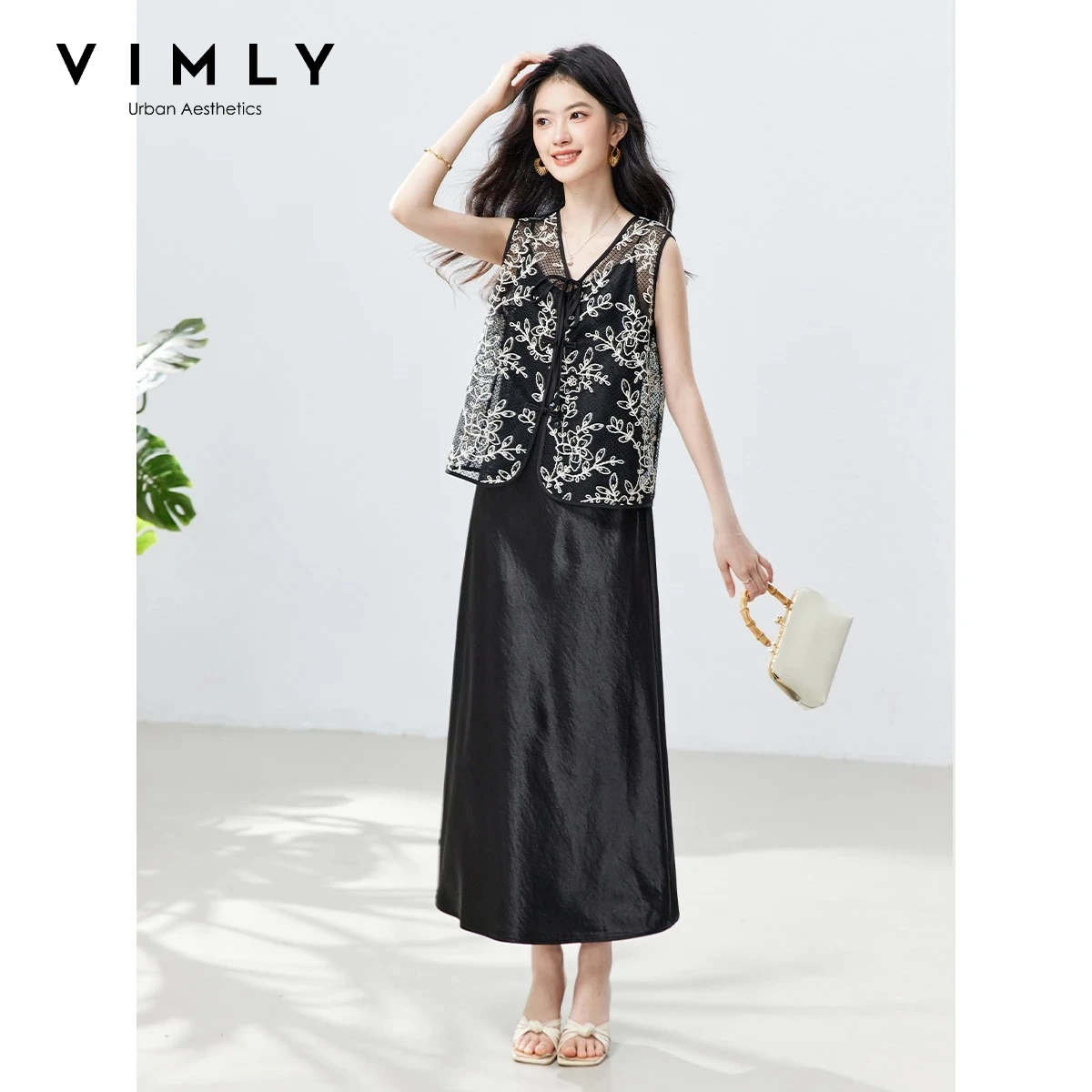 

VIMLY New Chinese Dress Set Women's 2026 Heavy Embroidered Tie-Front Vest Satin Slip Dress Summer Elegant Two-Piece Outfit A6083