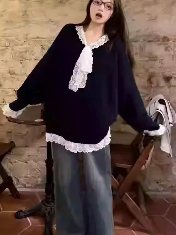 플러스 사이즈 레이지 슬레 브이넥 니트 스웨터 여성용 가을 고급 레이스 스플라이싱 페이크 투피스 탑 편안한 루즈핏