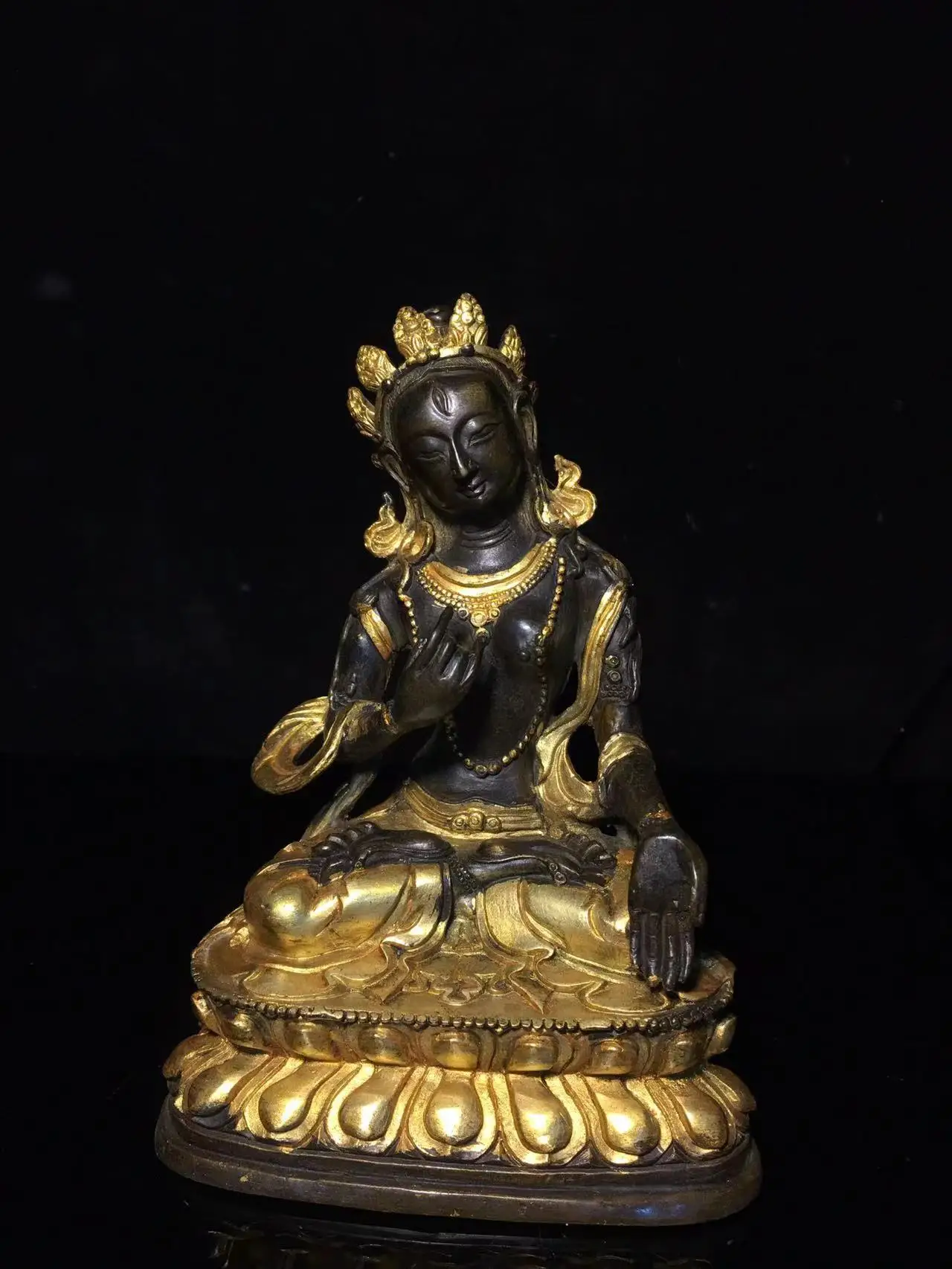 Old Qing Dyansty Tibet copper gilt Green Tara Buddha statue