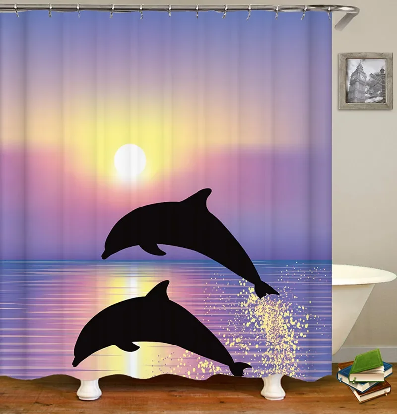 Dolphin Shower Curtain Sea Theme Shower Curtain Hook Washable Dolphin Waterproof 3D Animals Shower Curtain for Bathroom Decor