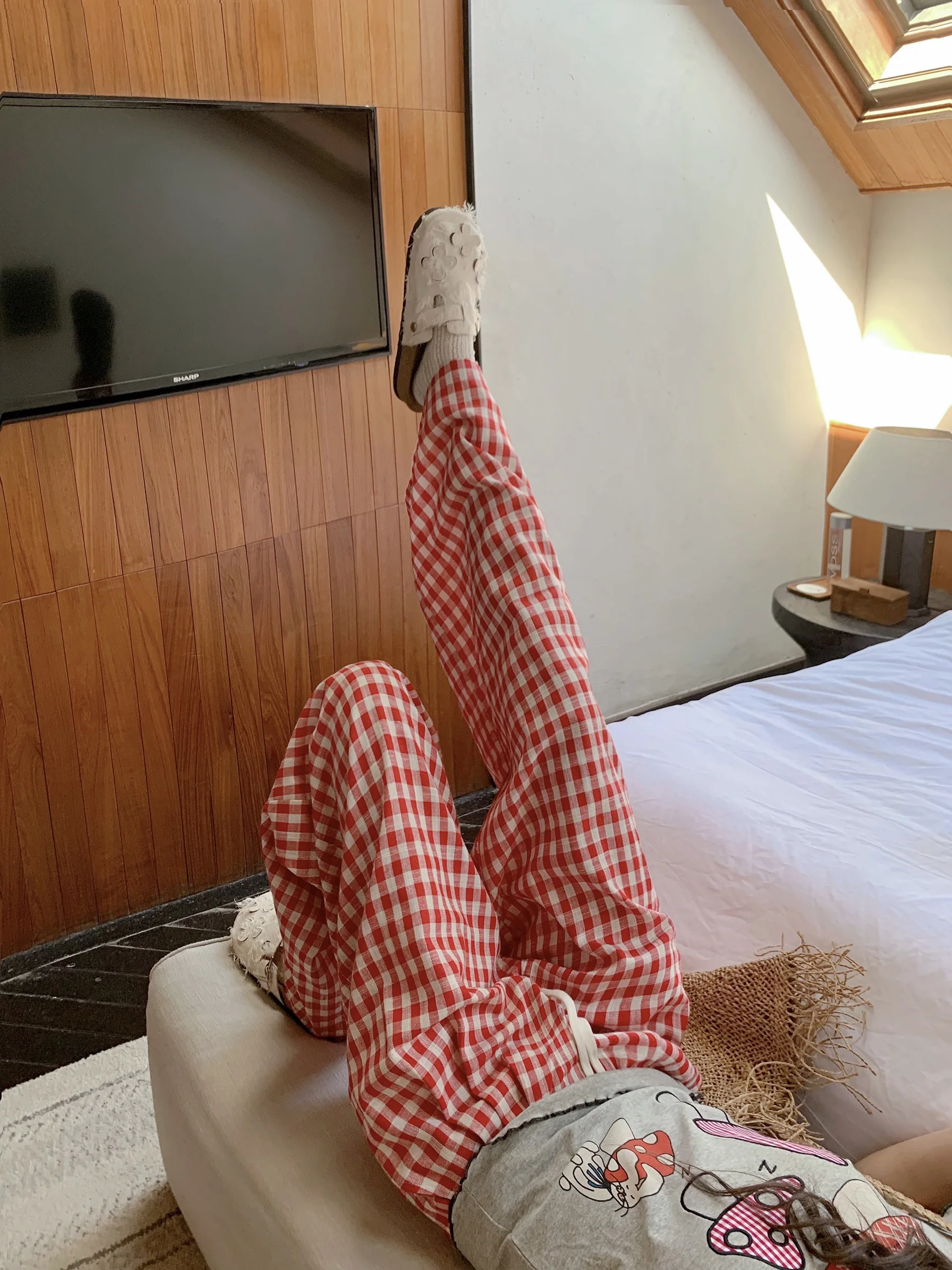 

Loose Women's Plaid Pants Casual Loose Feel Spring Summer Korean Style Wide Leg Pants Comfortable Natural Waist Polyester