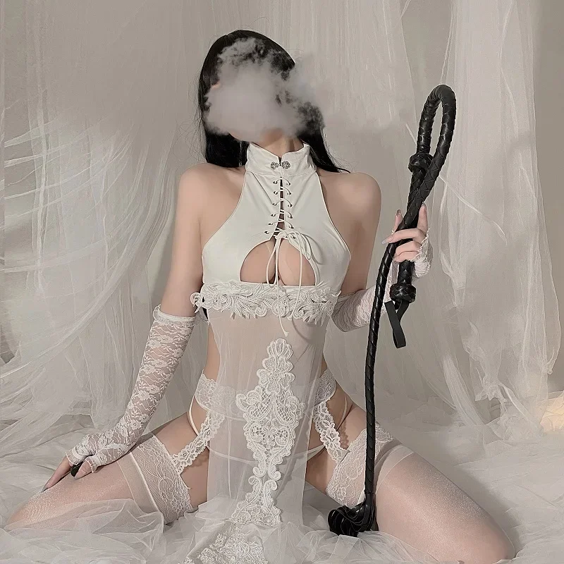 Disfraz de NieR Automata 2B ahuecado para mujer, disfraces eróticos, Qipao PU, lencería Sexy, conjunto de laca, estampado bordado, Cheongsam