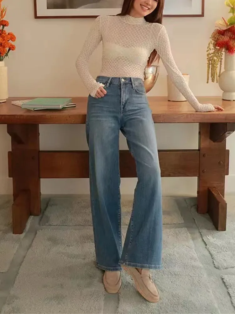 Calças jeans largas de cintura alta feminina, jeans comprido feminino, calças de algodão, monocromáticas, todos os fósforos, moda, primavera, verão, 2024