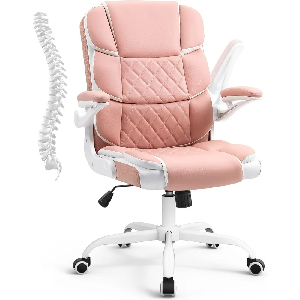 

Ergonomic Office Chair Pink PU Leather Desk Chairs Computer Chair with Wheels and Flip-up Arms,Rolling Swivel Task Chair for Wo