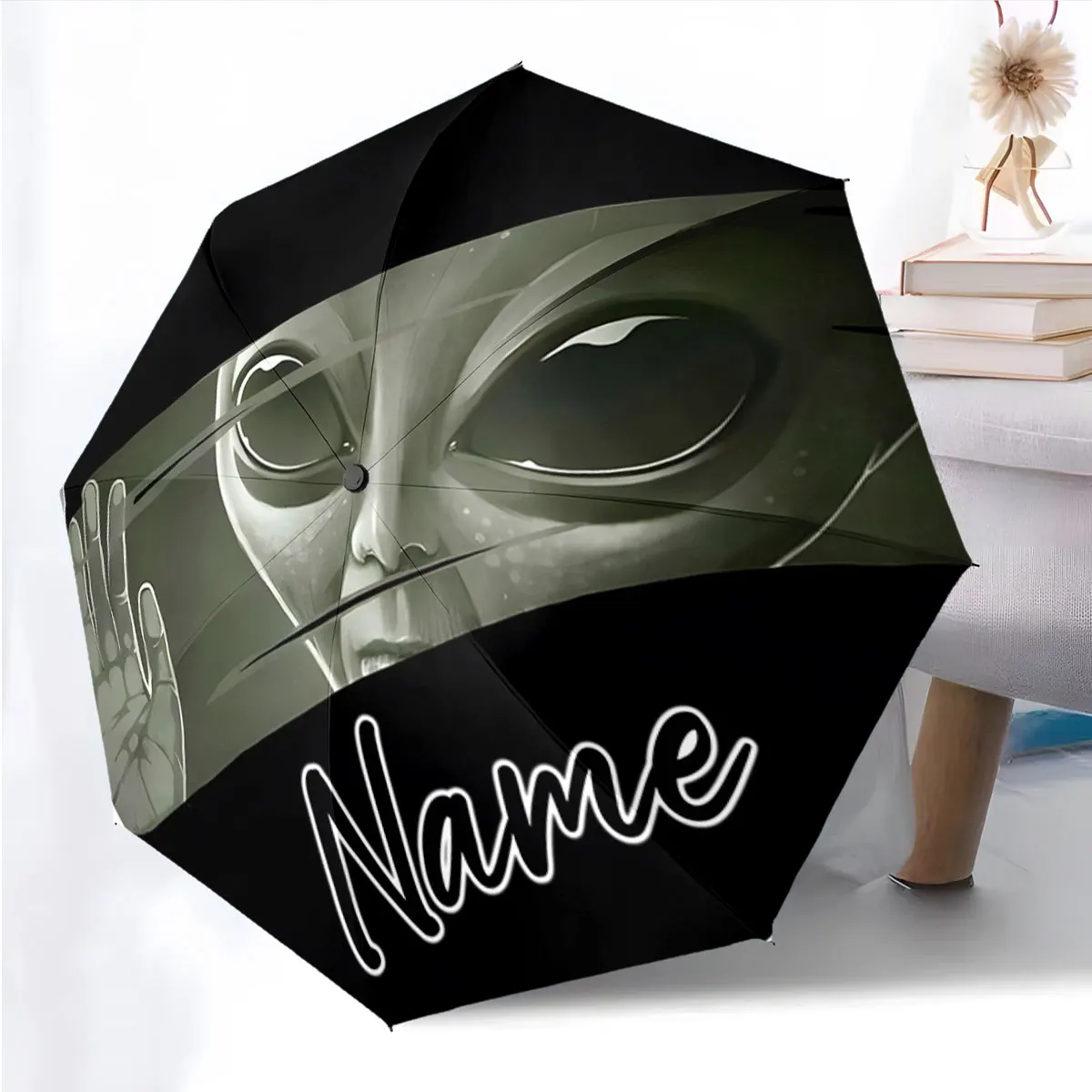 Custom Name Alien-themed umbrella with a mysterious design Print 8 Iron Ribs Folding Umbrella, Auto-Open Fashion Sunshade