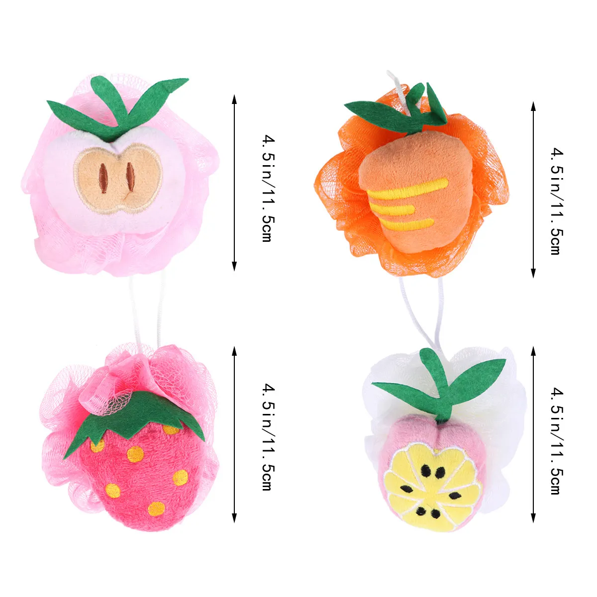 4 pcs Fruit Shaped Bath Ball Mesh Sponge Shower Ball Soft Skin Friendly Relaxing Accessory (Strawberry Peach Mango Each)