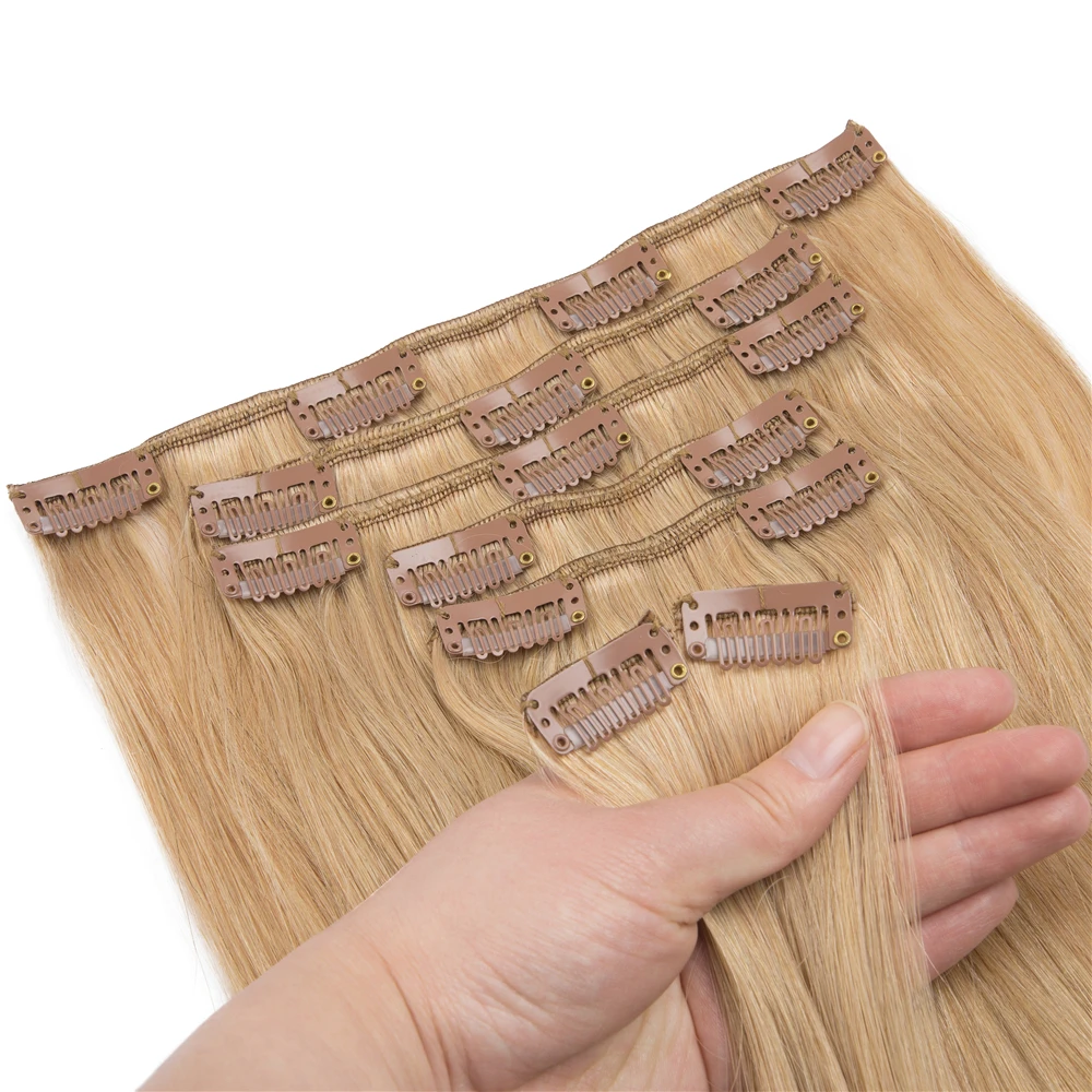 Extensiones de cabello humano liso para mujer, Clips de cabeza completa, 100% Natural, Remy brasileño, 70-120g, 7 unidades por juego