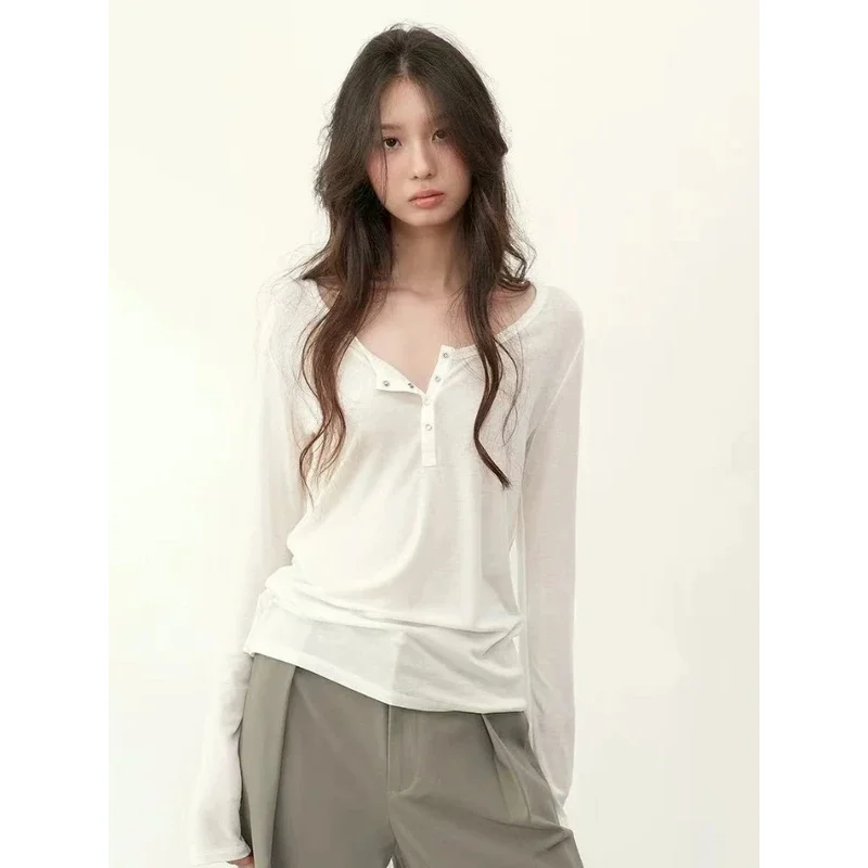 

Футболка Y2K в стиле гранж с полуоткрытым воротником, сексуальная, облегающая, на пуговицах, однотонная, осенняя, в стиле Харадзюку, винтажный топ