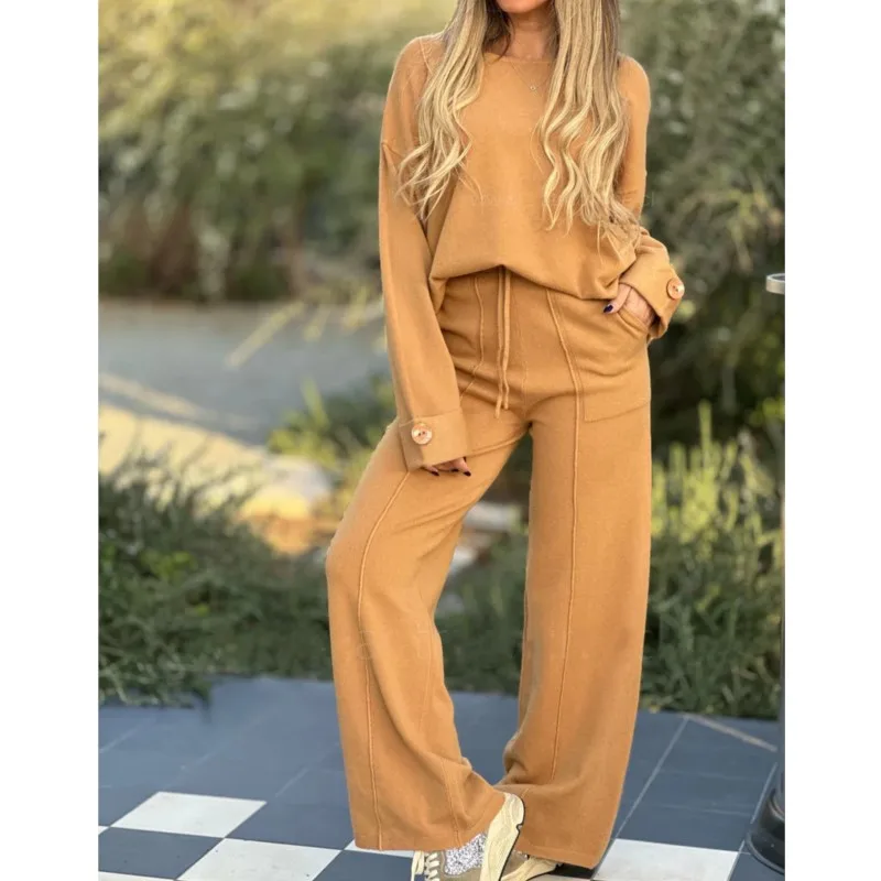 Damski zestaw 2024 New Fashion Casual Set Solid Color Long Sleeve Top Set Autumn Loose Wide Leg Pants Trousers Two Piece Set Female