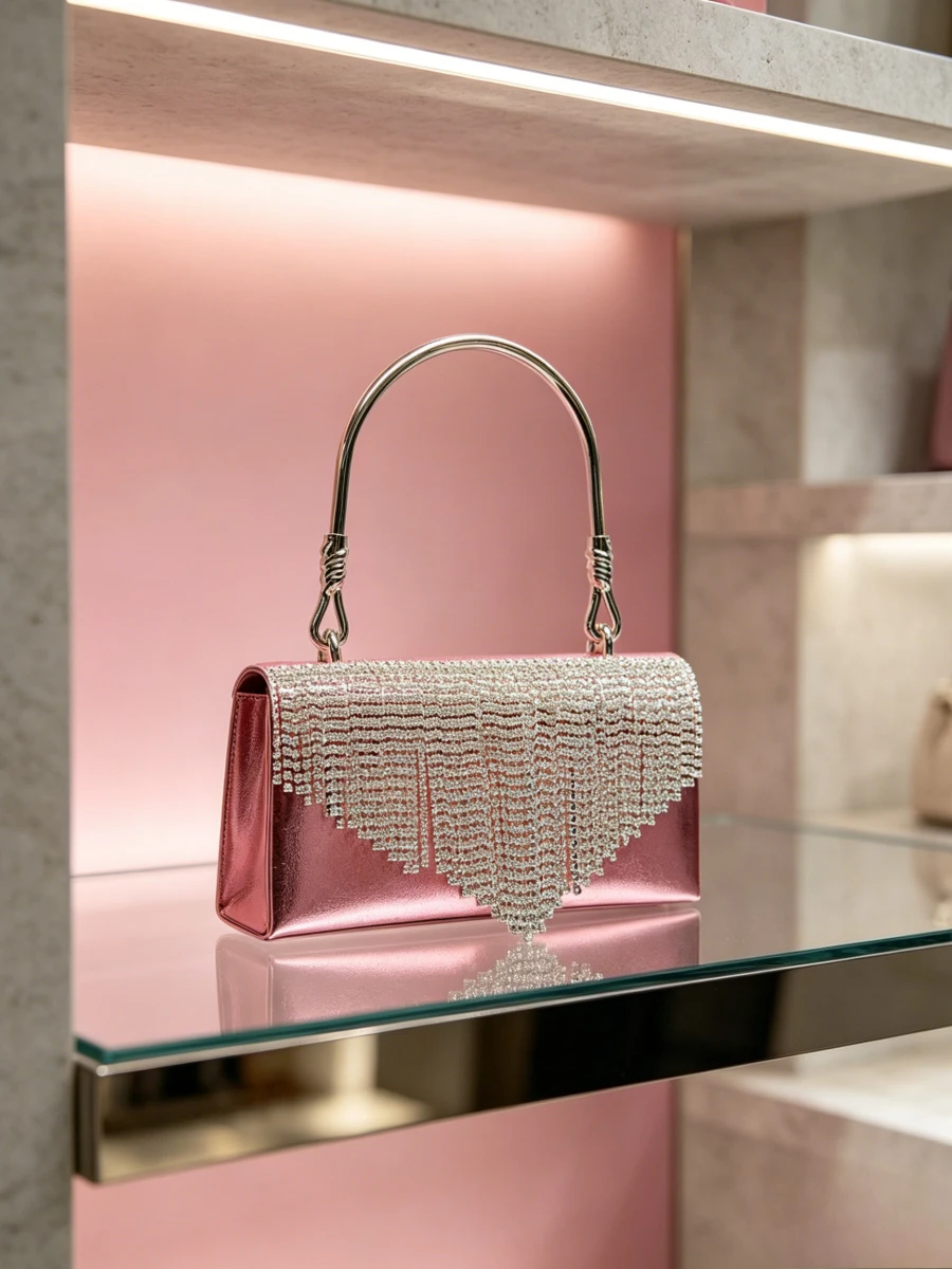 Metallic Pink Tassel Rhinestone Evening Clutch Bag With Silver Metal Handle, Luxury Formal Dinner Hand Purse For Mature Women