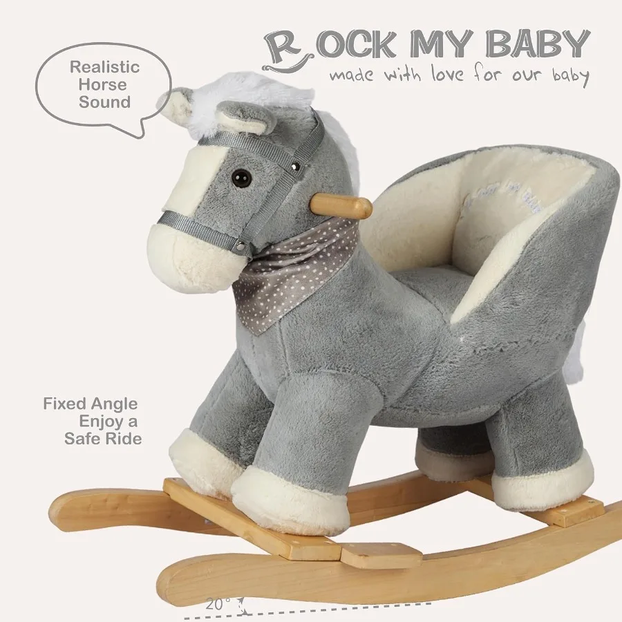 Schommelend grijs paard met stoel Pluche gevulde schommelpony met realistisch geluid Baby-schommeldier voor peuters 13-rit op CPC Ce