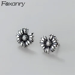 Foxanry Prevent Allergy Flower Stud Earrings For Women Girls Vintage Simple Personality Creative Elegant Birthday Jewelry Gifts