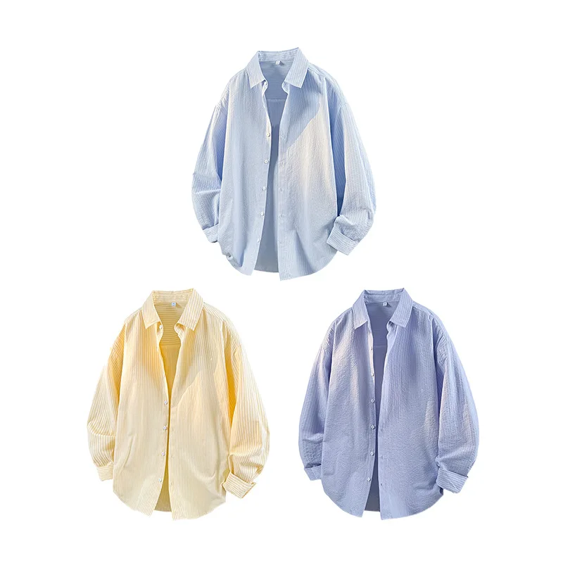 Camisas de Hombre a Rayas Azules, Moradas y Amarillas, de Corte Holgado, con Cuello Camisero, Manga Larga y Botones, Estilo Casual y Moderno para Otoño