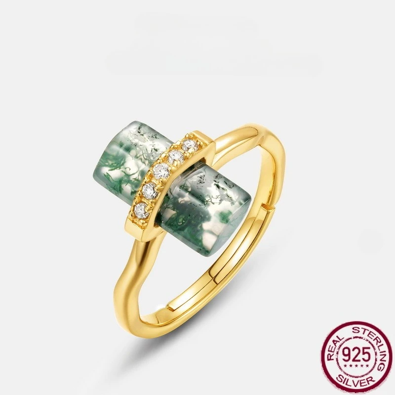 

New S925 sterling silver exaggerated rectangular natural moss stone ring with water grass agate opening ring wedding jewelry