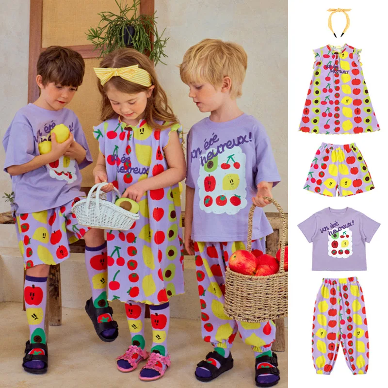 

Children's T-shirt set 2025 Summer New Fruit Print Fashion Boys Girls Short Sleeves shorts Cotton Sleeveless Cute Girls Dresses