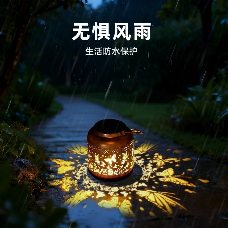 butterfly  Hollow Iron Decor Light Warm Light Wrought Iron Solar Light Solar Powered Hollowed Hanging Light for Home Light Decor