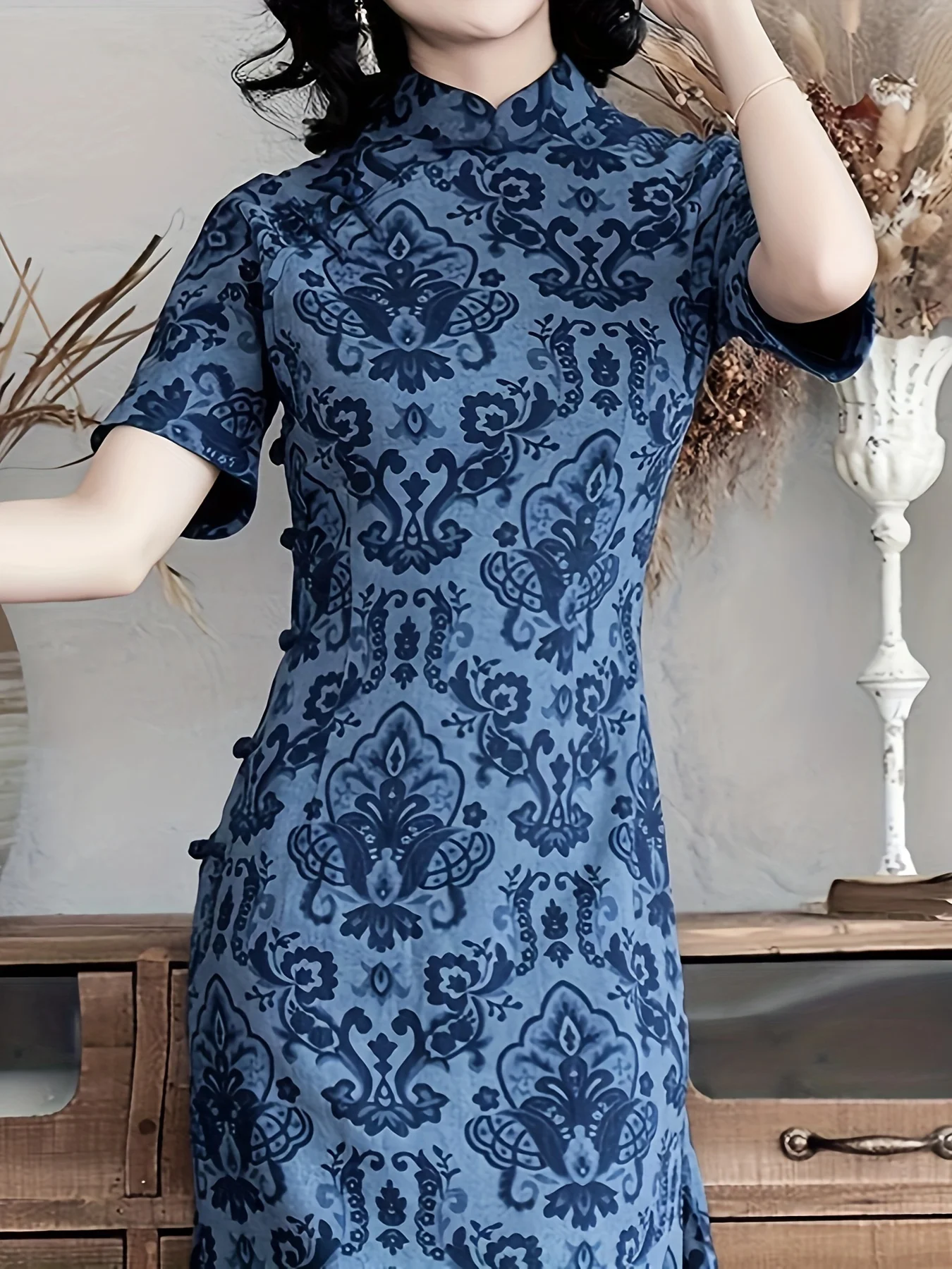 Floral Print Chinese Vintage Cheongsam Bodycon Frog Button Mandarin Collar Split Dress Women's Clothing