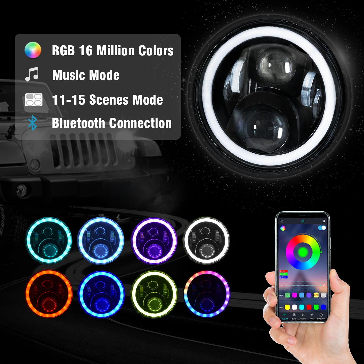 2pcs 7Inch Round APP Control Car LED Headlights RGB Halo Ring Angel Eyes Off Road H13 H4 LED Lamp for Wrangler Harley Jk Tj Lj
