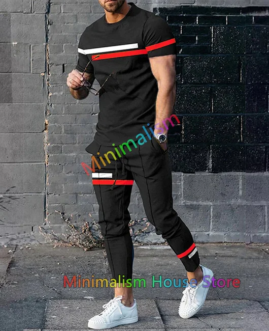 2024 Men\'s Trousers Tracksuit 2 Piece Set Stripe Print Jogger Sportswear Summer Short Sleeve T Shirt+Long Pants Street Clothing