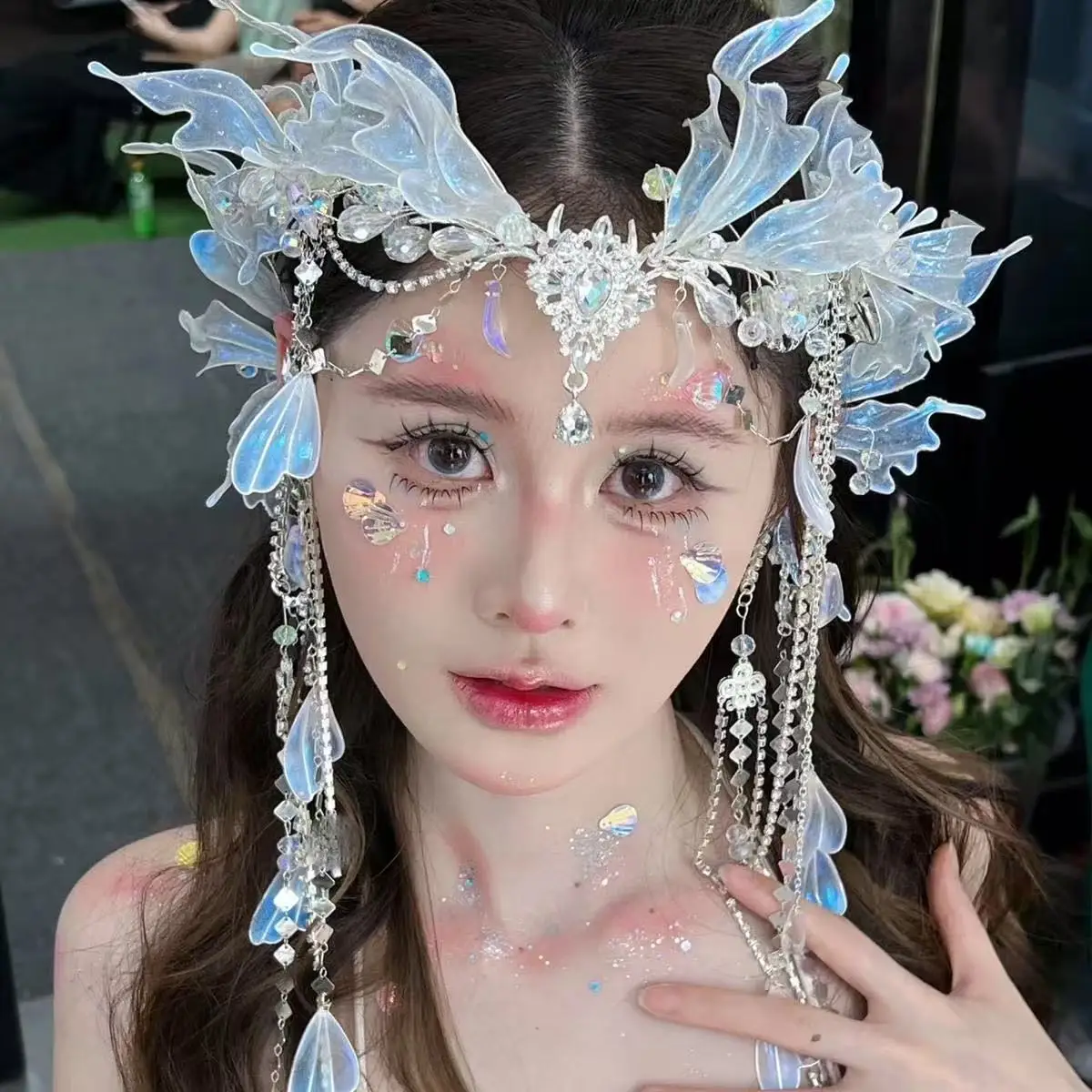 Beauty Exotic Style Mermaid Princess Headdress Mermaid Hair Crown Hanfu Style Forehead Decoration Fairy Headwear Butterfly Tiara