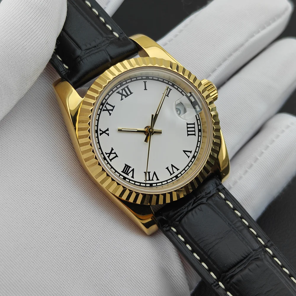 Men Gold Fluted Bezel Auto Watch Roman Dial Date Black Leather Strap Waterproof Business Gentleman Daily Male Casual Wristwatch