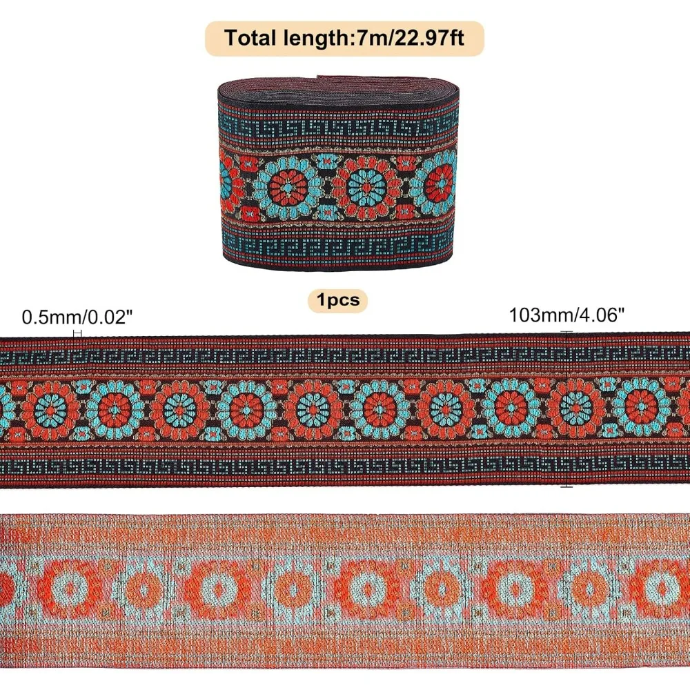 7.7 Yard 4.1 Inch 103mm Ethnic Embroidery Ribbons Orange Blue Jacquard Ribbon with Flower Pattern, Widen Vintage Woven Fabric