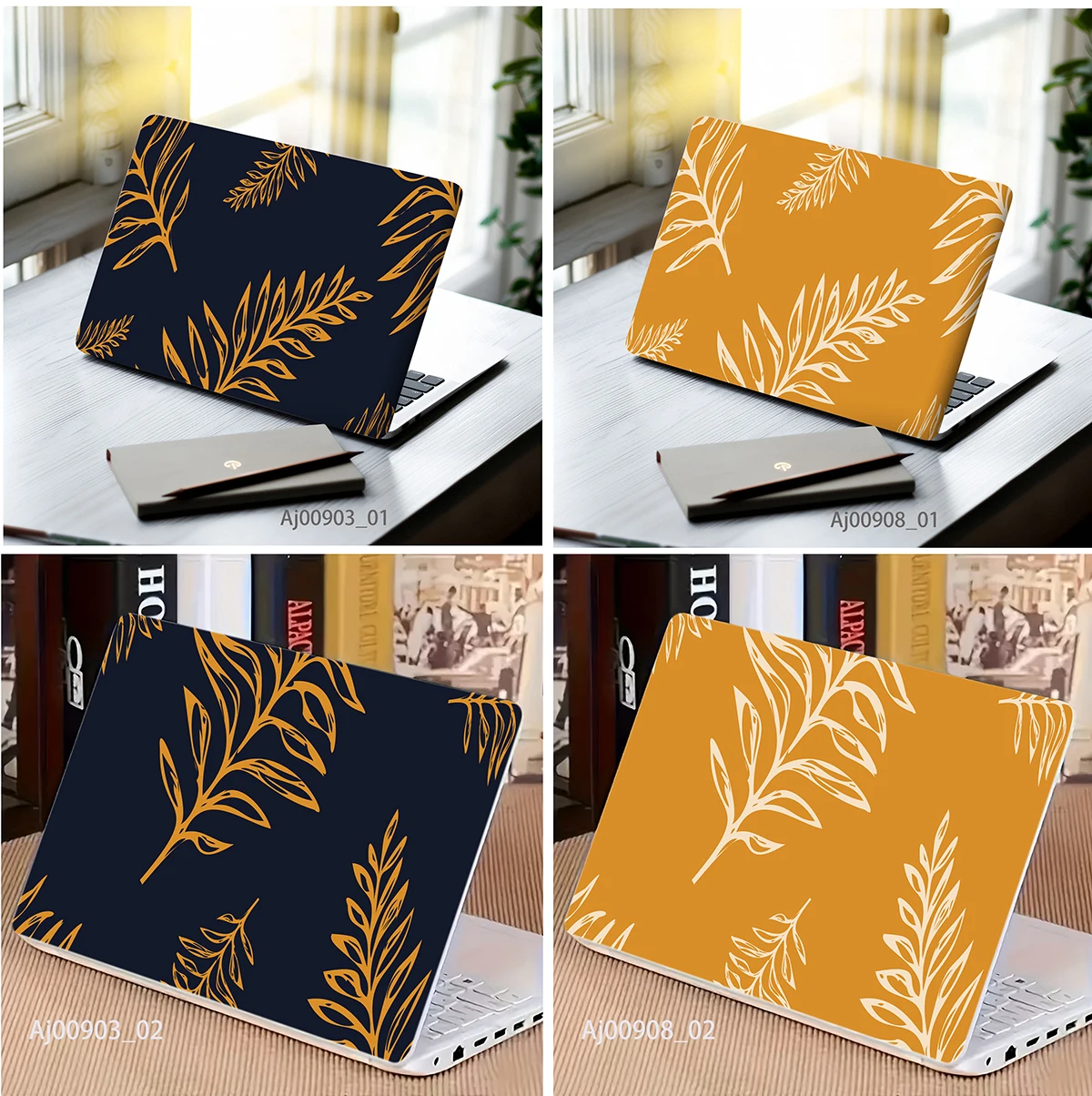 

Gold Tropical Leaf Laptop Sticker, Removable Waterproof Decal, Dark Blue Background, Notebook Skin Cover Decor
