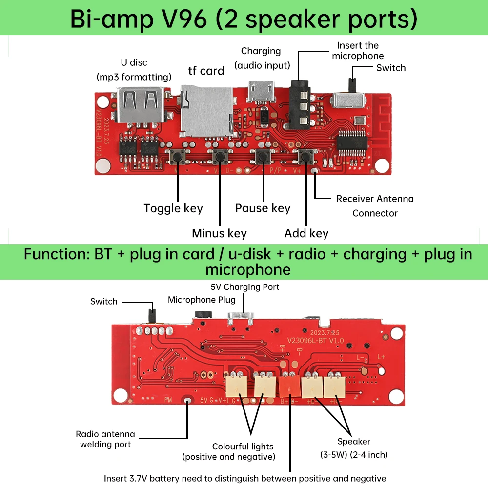 

DC 3.7V V96 Multifunctional Bluetooth Audio Circuit Board Bluetooth Module Amplifier Board DIY Module Light Micro USB interface
