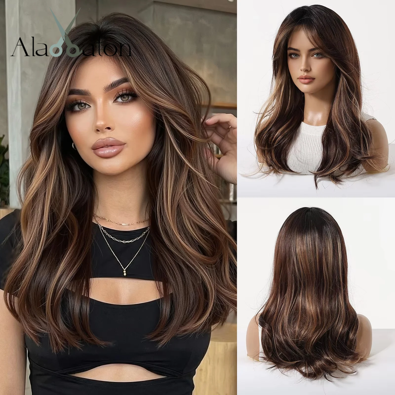 ALAN EATON Brown Highlights Synthetic Wigs for Women Medium Length Wavy Layered Hair Wigs With Bangs Synthetic Fiber Wigs Daily