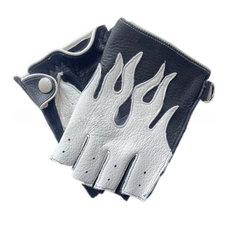 

Deerskin Flame Motorcycle Riding Gloves Spring Summer Leather Men's Half-finger Gloves